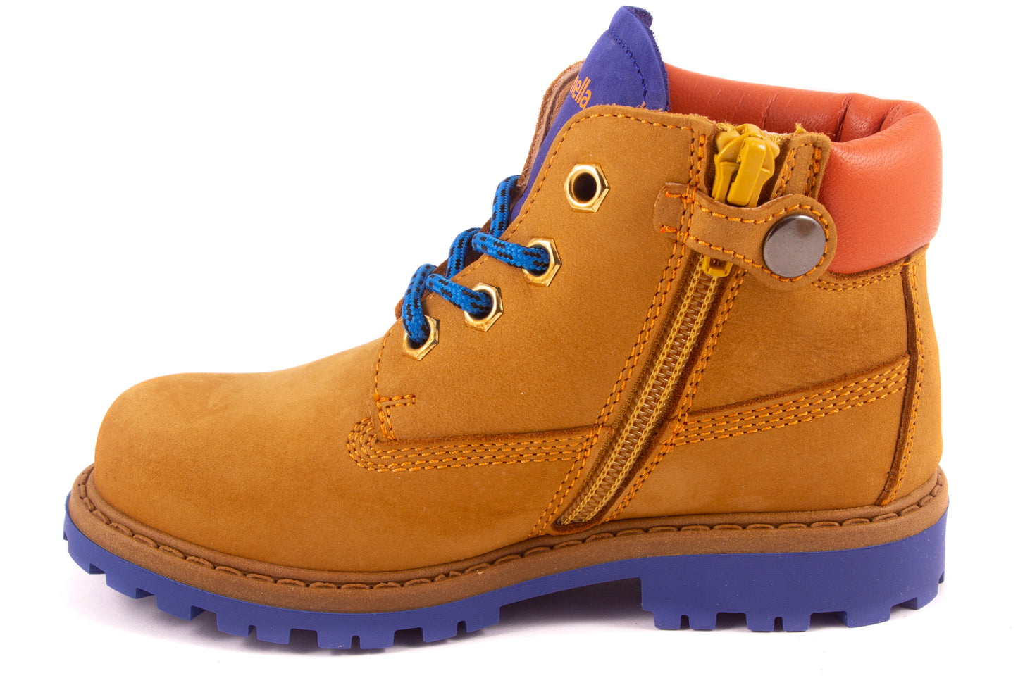 Veterschoen Bottine Cognac Blauw Zool Oranje Rand