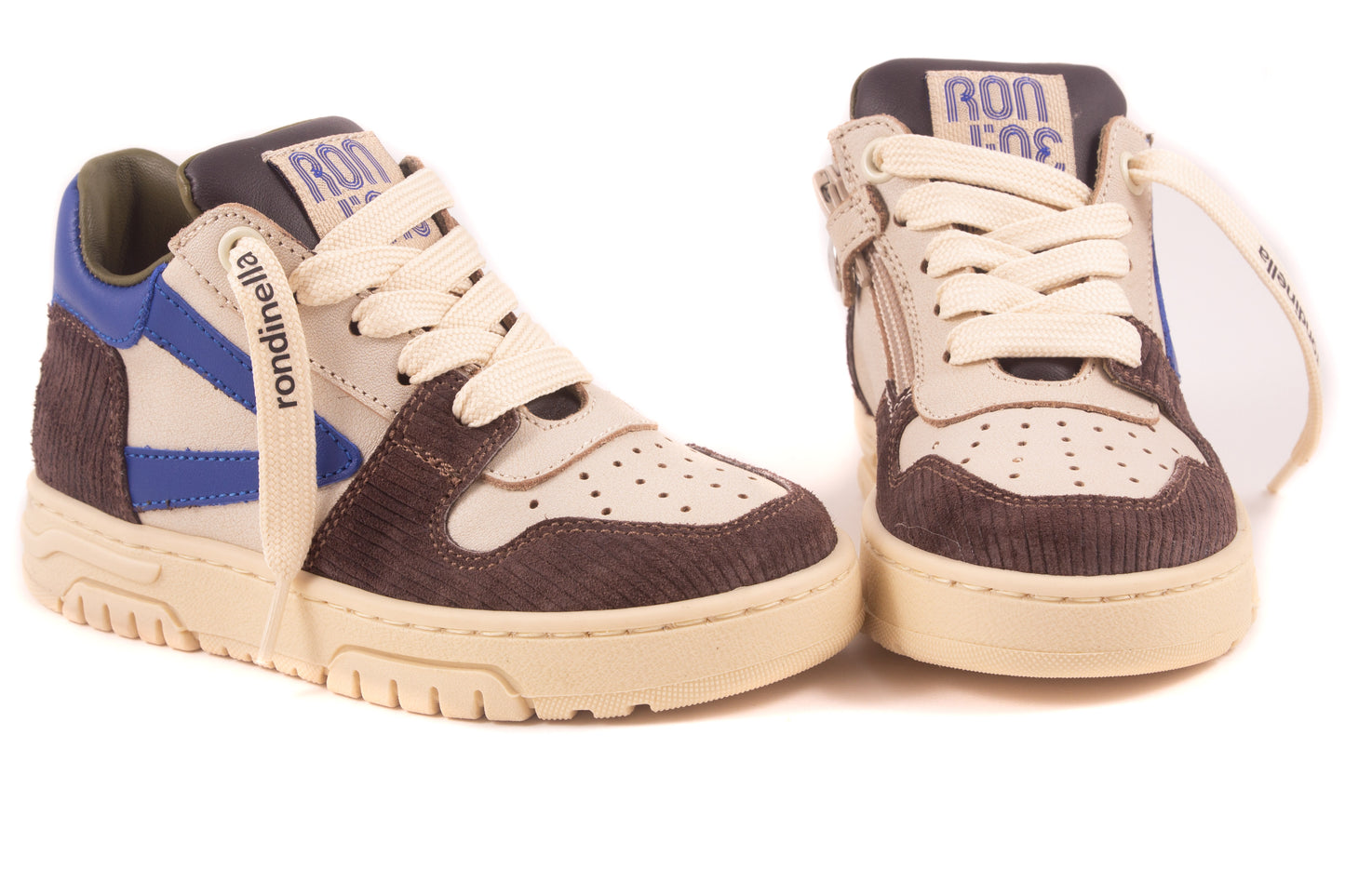 Sneaker Groot Wit Leder Bruin Tip Blauw Streep Blauw Achter