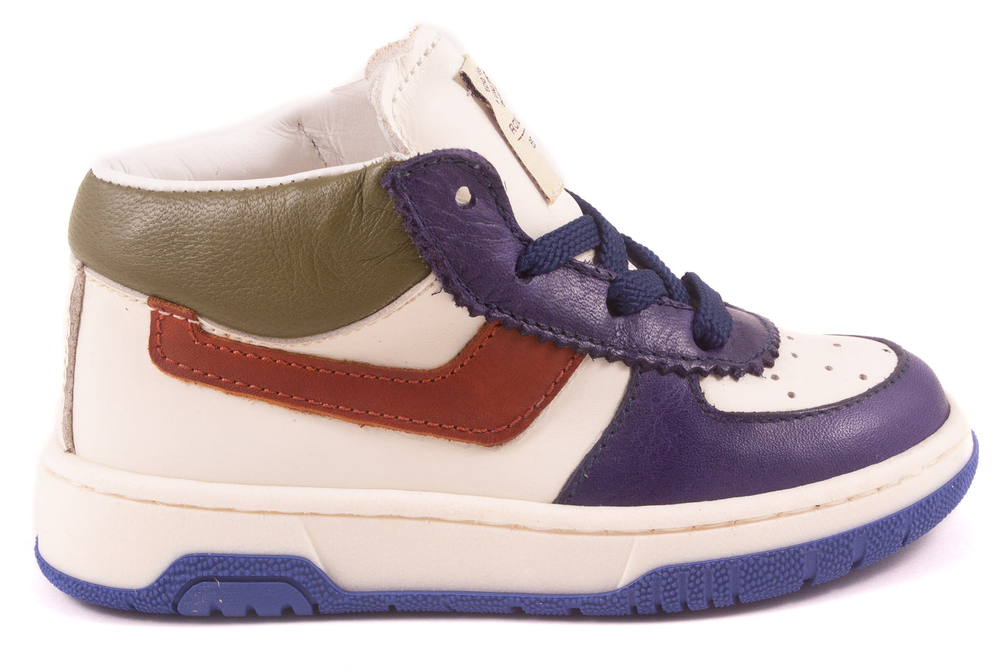 Sneaker Wit Leder Blauw Leder Tip Bruin Streep Groen Achter