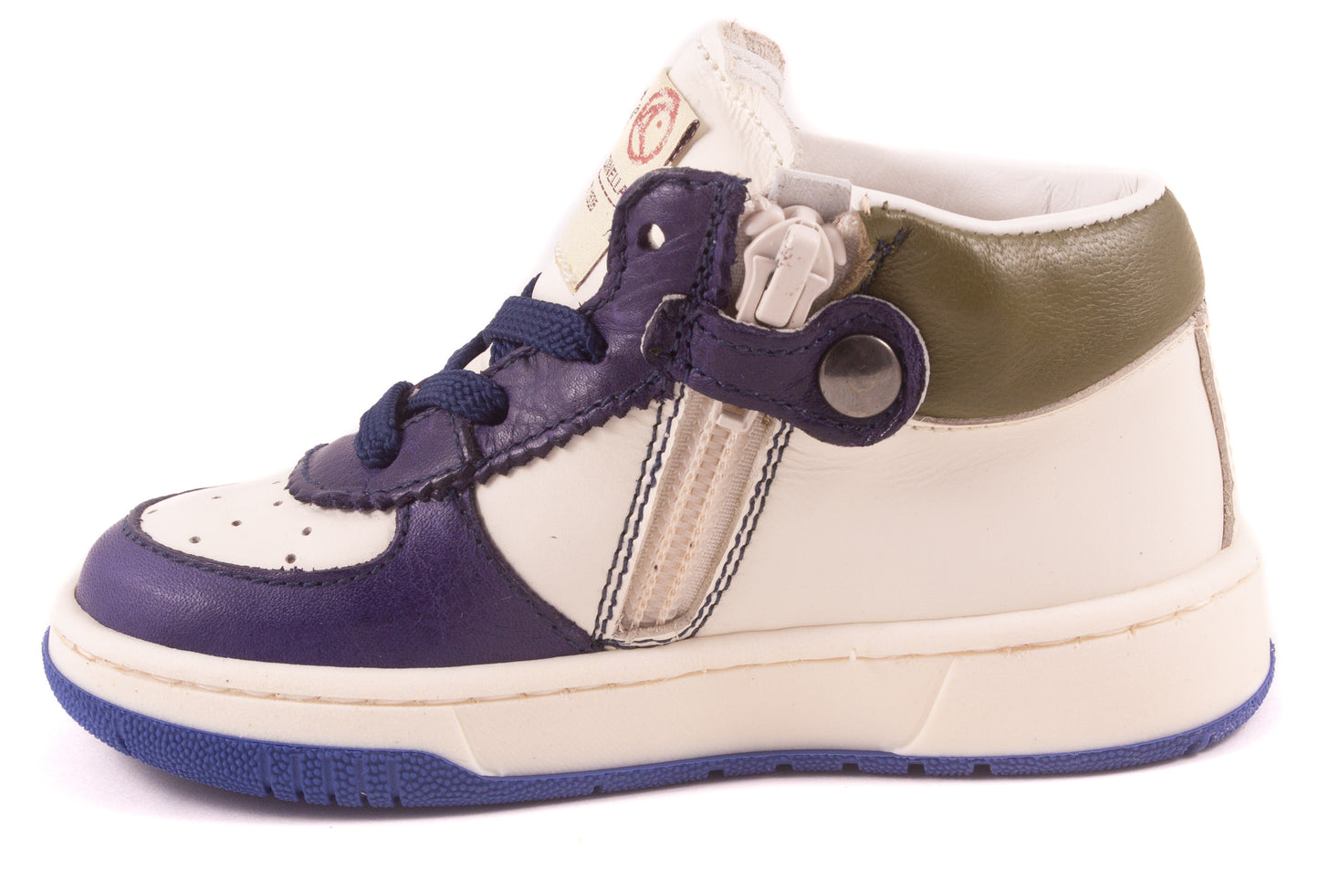 Sneaker Wit Leder Blauw Leder Tip Bruin Streep Groen Achter