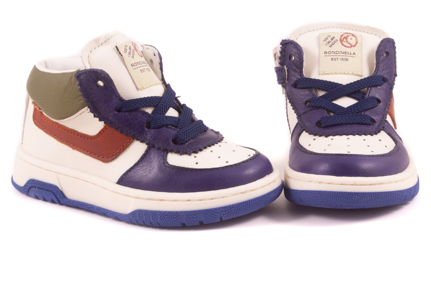 Sneaker Wit Leder Blauw Leder Tip Bruin Streep Groen Achter