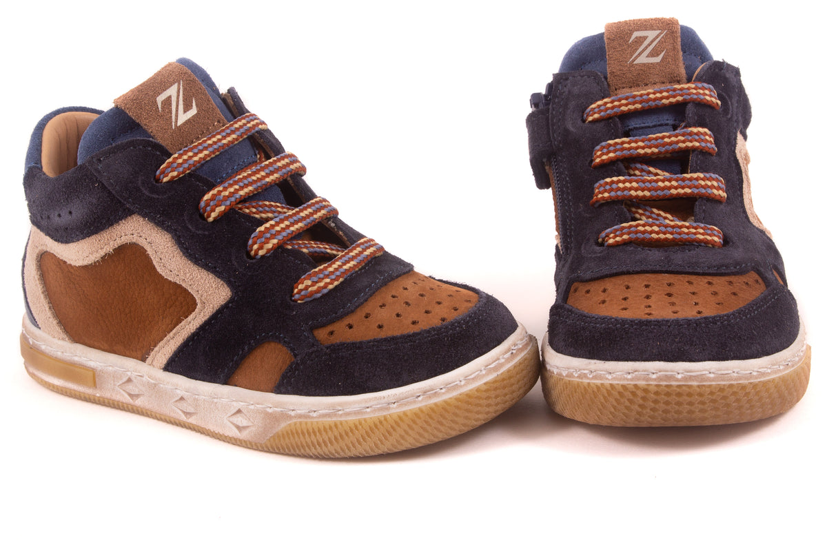 Sneaker Bruin Leder Blauw Nubuck Wit Nubuck