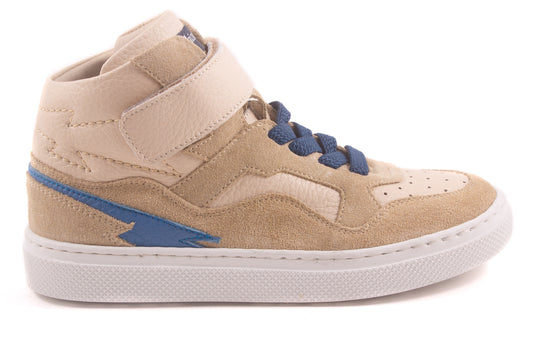 hoog  elastiek velcro beige leder nubuck blauw opzij