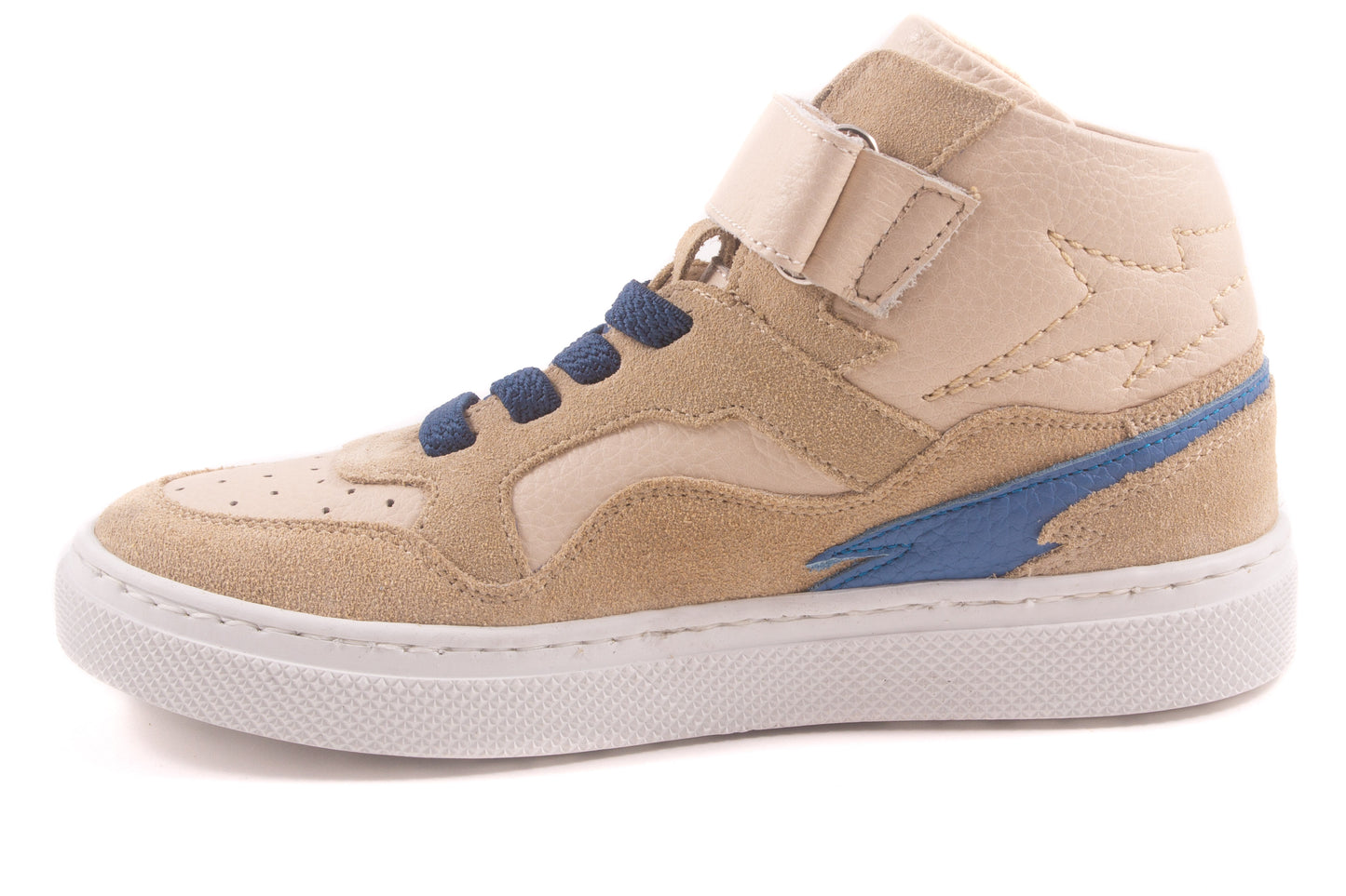 hoog  elastiek velcro beige leder nubuck blauw opzij