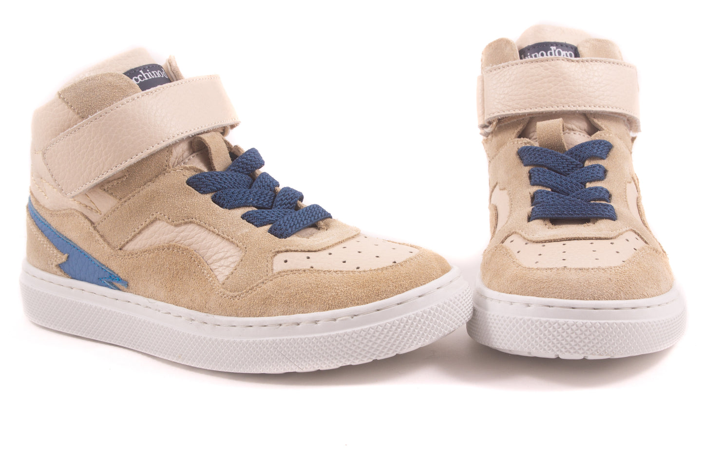 hoog  elastiek velcro beige leder nubuck blauw opzij