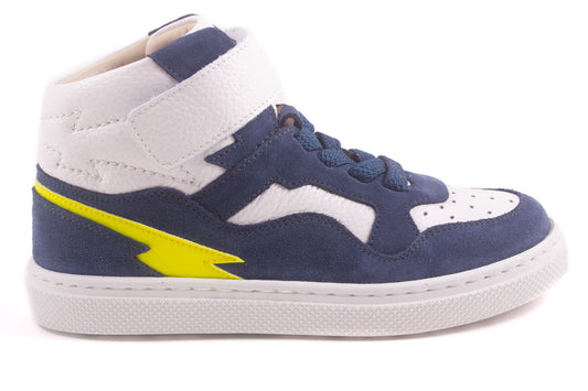 hoog elastiek velcro wit leder blauw nubuck geel opzij