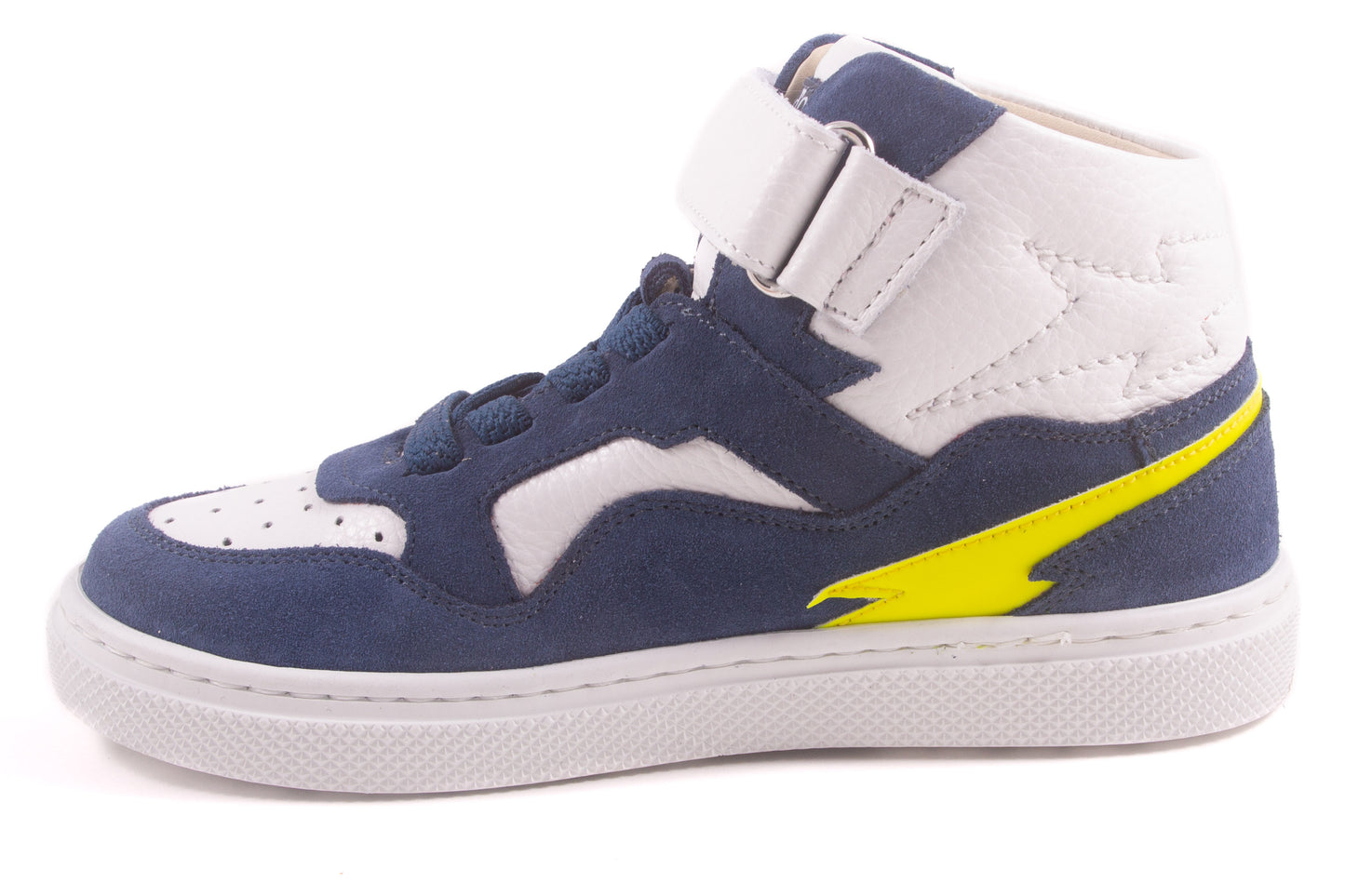 hoog elastiek velcro wit leder blauw nubuck geel opzij
