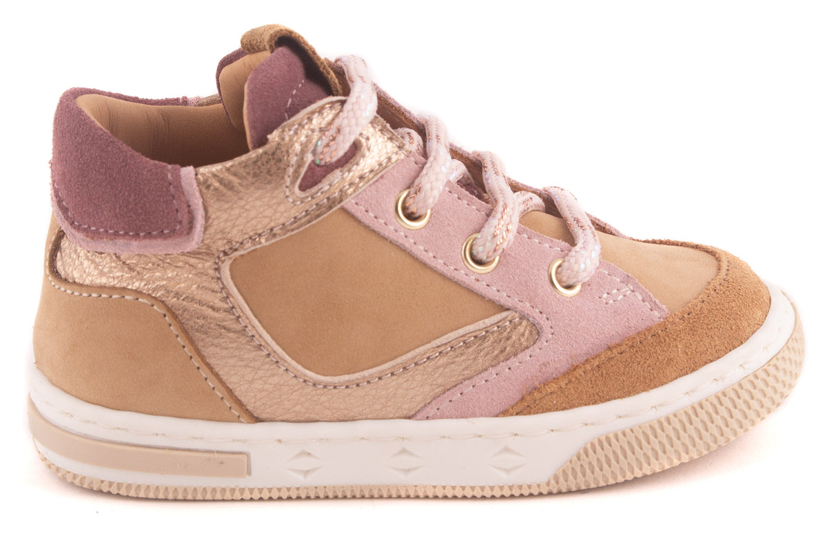 Sneaker Beige Cognac Leder Nubuck Roze Nubuck Detail