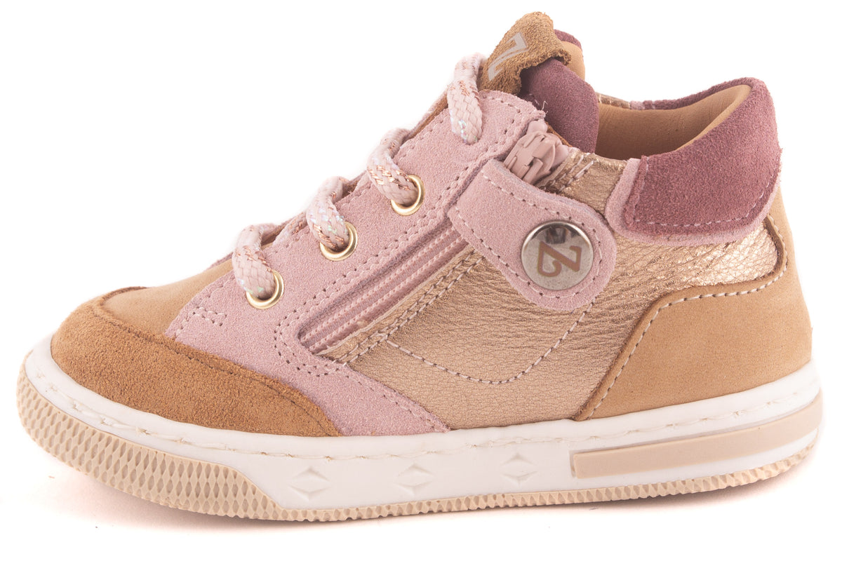 Sneaker Beige Cognac Leder Nubuck Roze Nubuck Detail