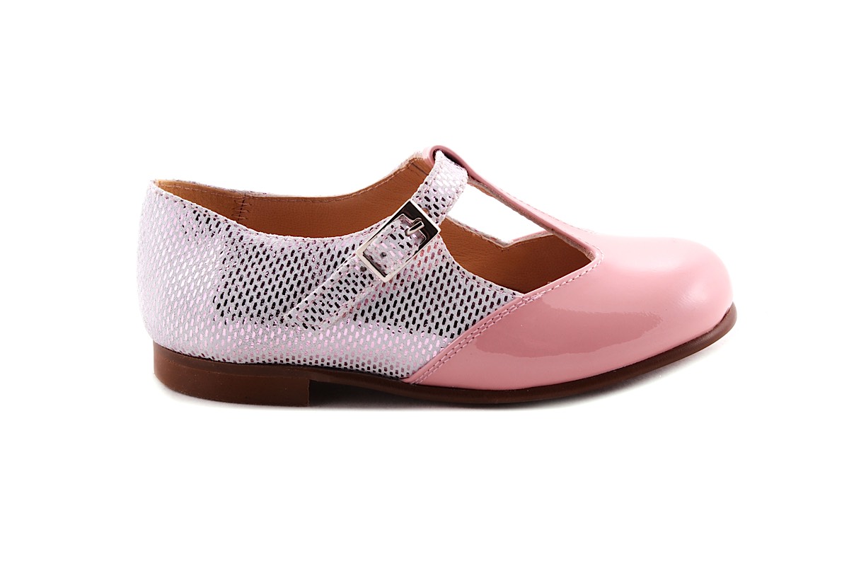 Schoen Gesp T-model Roze leer vooraan en wit-roze details achter