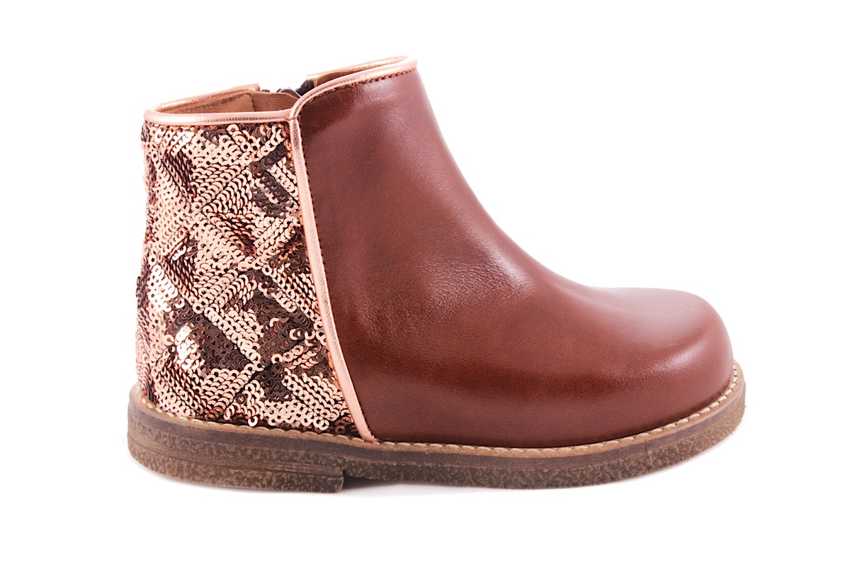 Laars Cognac Leder Vooraan Laag Achteraan Pailettes Brons