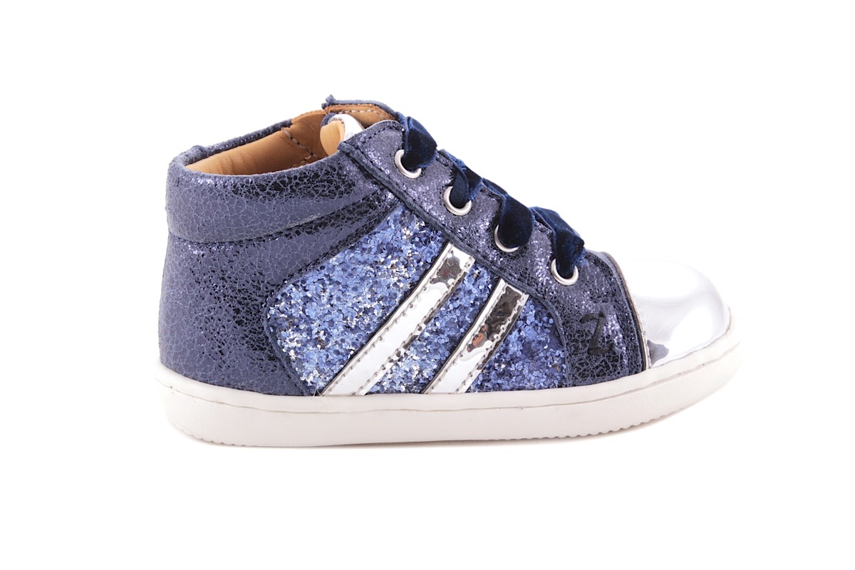 Sneaker Blauw Leder Met Blink Tip 2 Strepen