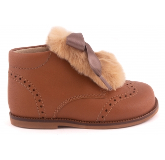 Veterschoen Cognac Leder Bruin Pels Satijn Strik