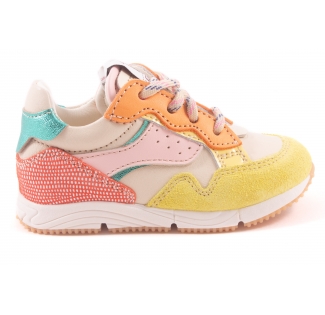Sneaker Runner Klein Wit Leder Geel Nubuck Tip Oranje Nubuck Roze Streep