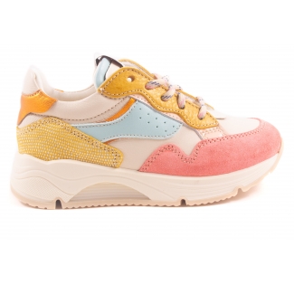 Sneaker Runner Wit Leder Roze Nubuck Tip Oker Leder Blauw Streep