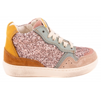 Sneaker Hoog Roze Glitter Roze Nubuck Blauw Leder