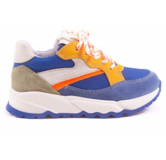 Sneaker Runner Blauw Mesh Oker Nubuck Fluo Oranje