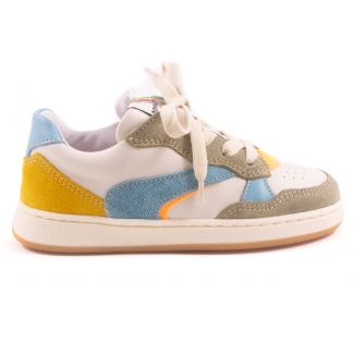 Sneaker Wit Leder Kaki Nubuck Fluo Oranje Streep