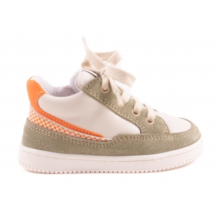 Sneaker Wit Leder Kaki Nubuck Fluo Oranje Streep