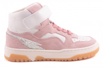Sneaker Groot Hoog Wit Leder Roze Nubuck Velcro Boven